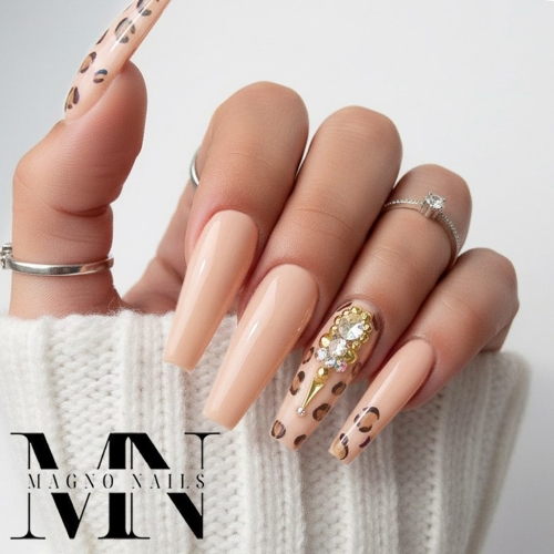 Preview: Beige Sand Nägel - Nageldesign mit Leomuster Leonägel
