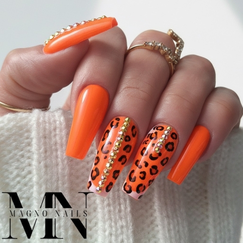 Preview: Farbgel Neon Orange -Leo Muster Design Luxus Nails