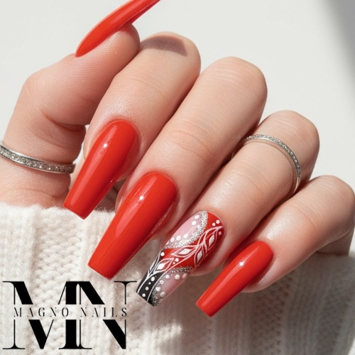 Preview: Knallrote Nägel - Rotes Nageldesign mit schwarz - Luxus Nägel