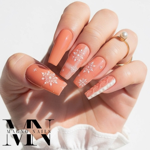 Preview: Winter Design - Orange Peach Pfirsich Strickmuster matt