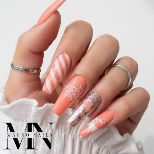 Preview: Winternägel - Pastel Orange Peach Pfirsich Farbe Renntier