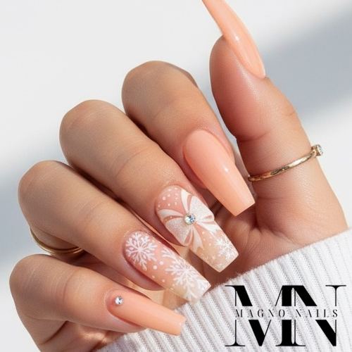 Preview: Winter Nägel in Neon Peach mti Schleife - UV Gel neonpeach