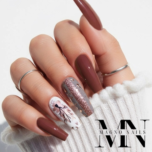 Preview: Herbstnägel - Grau Rot Braun Baum Schöne Designs Herbst Nageldesign Ideen