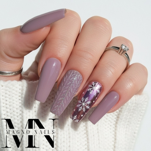 Preview: Winternägel - Winter Nageldesign Lila Grau Schneeflocken