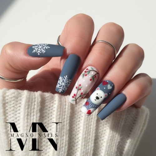Preview: Grau Blau Dunkel Winter Nagedesign Ideen mit einem Eisbär