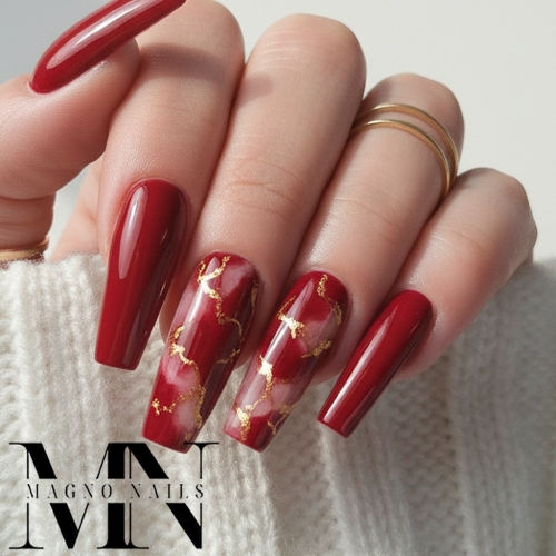 Preview: Rote Weinrote Marmor Nägel - Glitter Nails