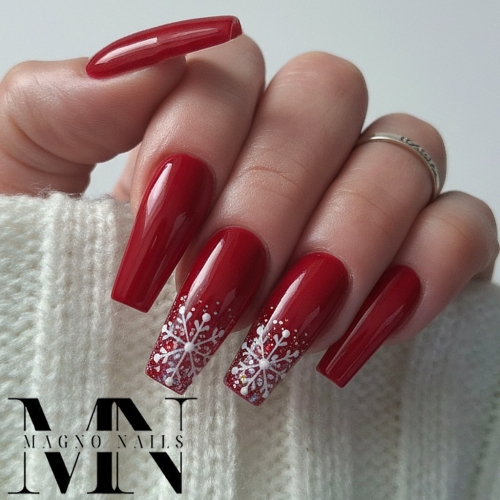Preview: Rote Nägel - Nageldesign mit Schneeflocken - Ballerina Naildesign
