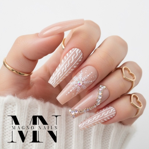 Preview: Nägel Ideen - Winter Nägel Pastel Nude Stickmuster Strick Muster