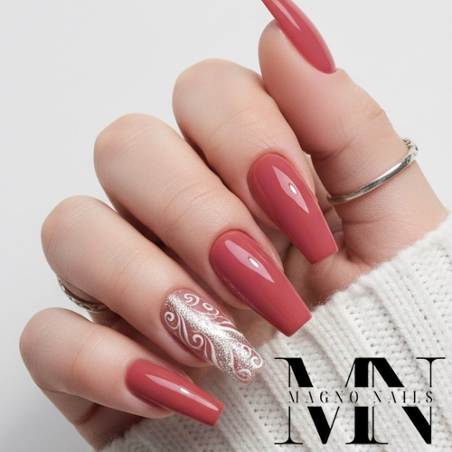 Preview: Rot Nude Nägel mit einem Muster Glitzer