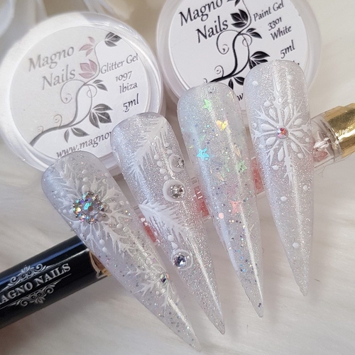 Preview: Nail Art Ideen - Winternägel Schneeflocken Malerei Weiss Glitter