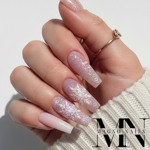 Preview: Winter Lange Ballerina Nägel mit Schneeflocken