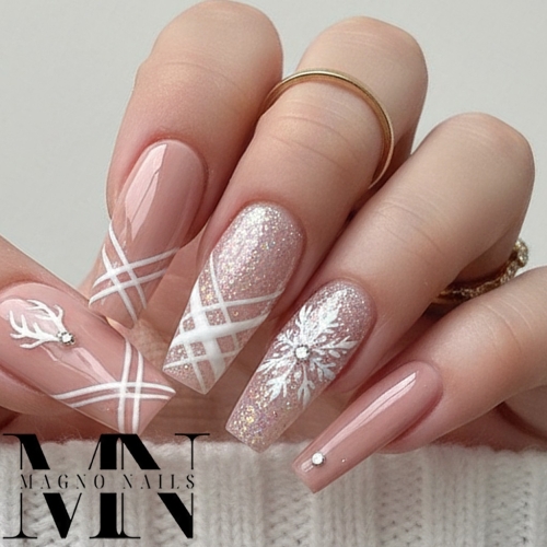 Preview: Nude Ballerina Winter Nägel kariert Glitzer