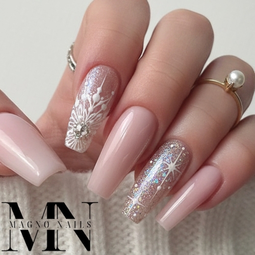 Preview: Rosa Nude Nageldsign - Blumen Schnörkel Ballerina Nägel