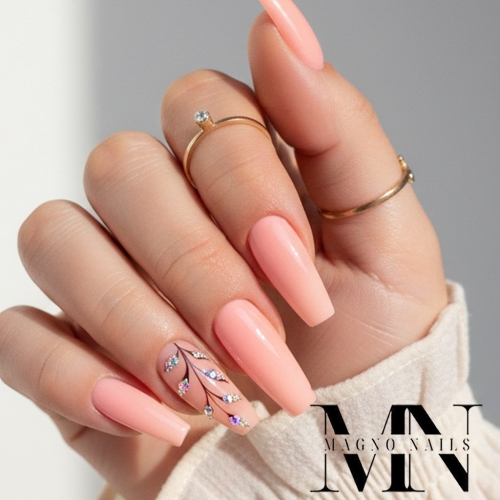 Preview: Nageldesign Ideen mit Make UP Neon Peach Pink mit Strasssteinen