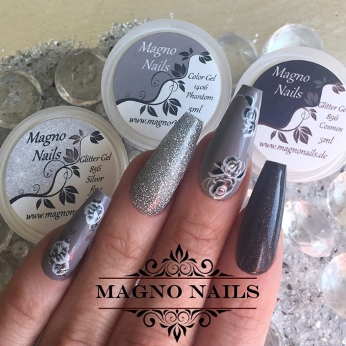 Preview: Winternägel - Nail Art Ideen - Nageldesign Grau Schwarz One Stroke