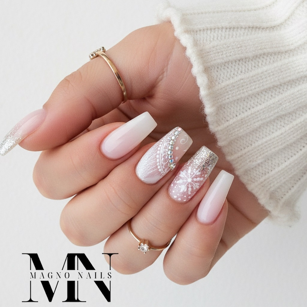 Kurze Winter Nägel - Uhr Schneeflocken Nageldesigln Ideen