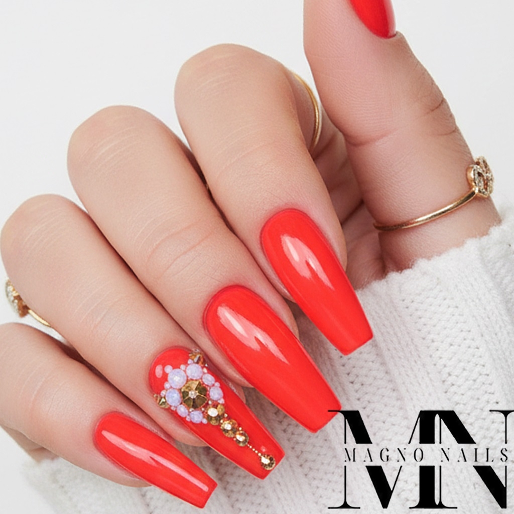 Neonrote Designer Nägel - Strasssteine Rhinestones Naildesign Neonred