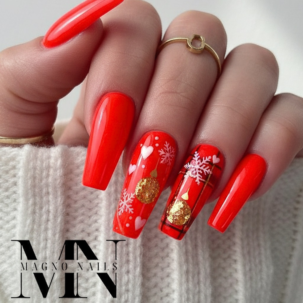 Neonrote Nägel - Neored Nails - Kariert Weihnachtskugel Winter