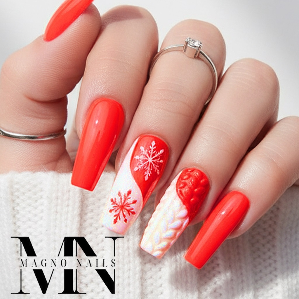 Neonrot Weiss - Winternägel Schneeflocke Strickmuster