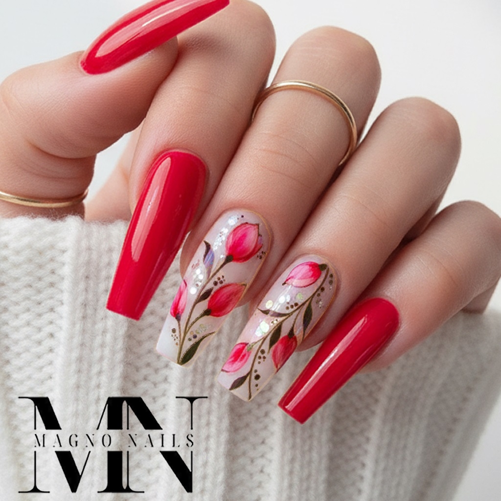 Rot pink Nägel mit Blumen - Neon Nägel