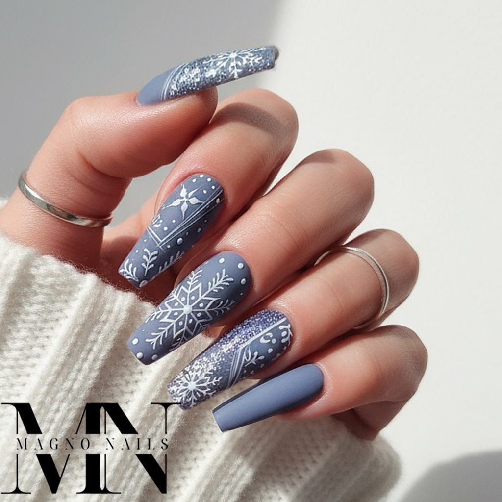 Grau Blau Nägel mit Scheeflocken - Winter Nageldesign