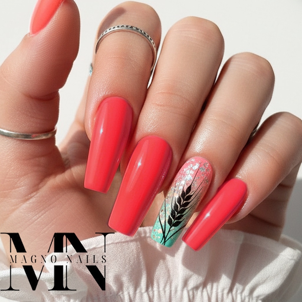 Rot Pinke Nägel - Nageldesign Natur Schilf - Blumen