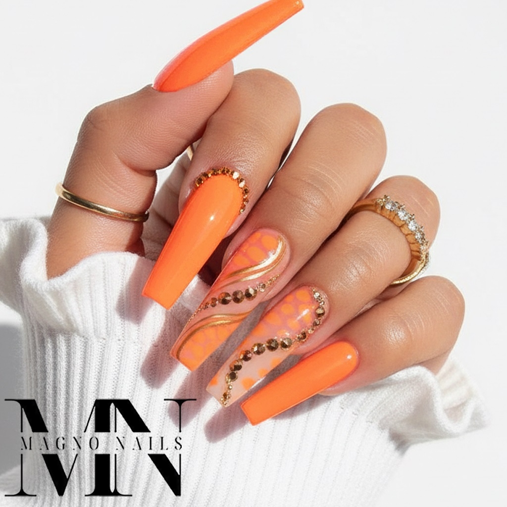 Lange Neon Orange Ballerina Nägel - Aquarell Gel