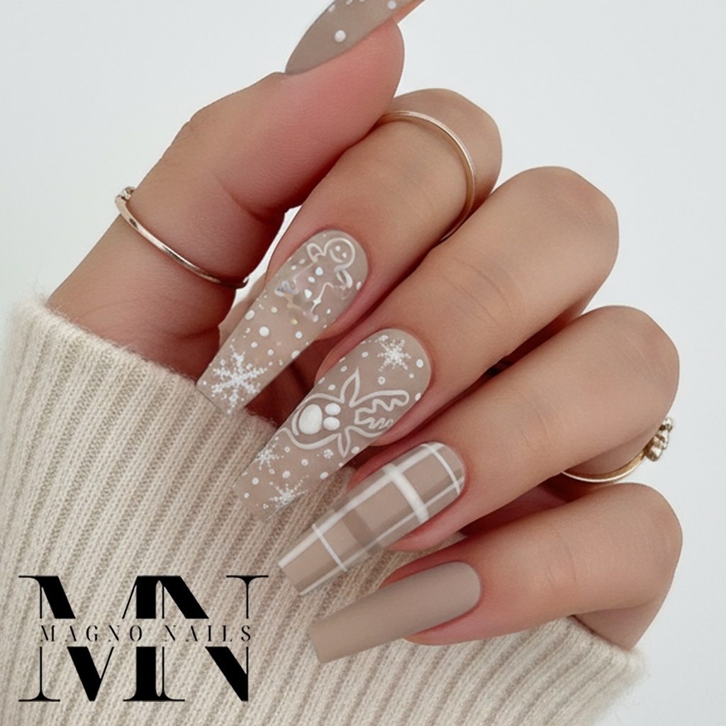 Beige Nude Winternägel mit Lebkuchen Renntier