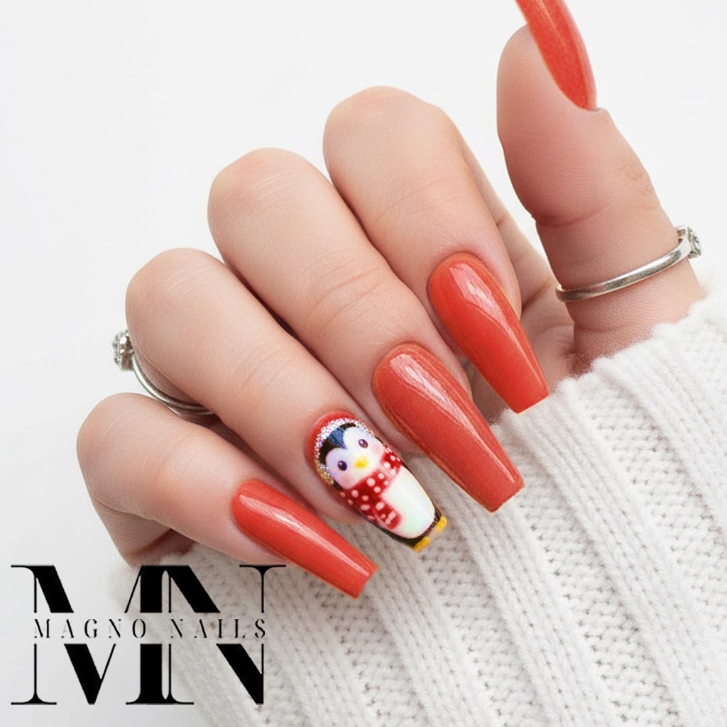 Feierrote Nägel mit Pinguin - Winternägel - Winternails