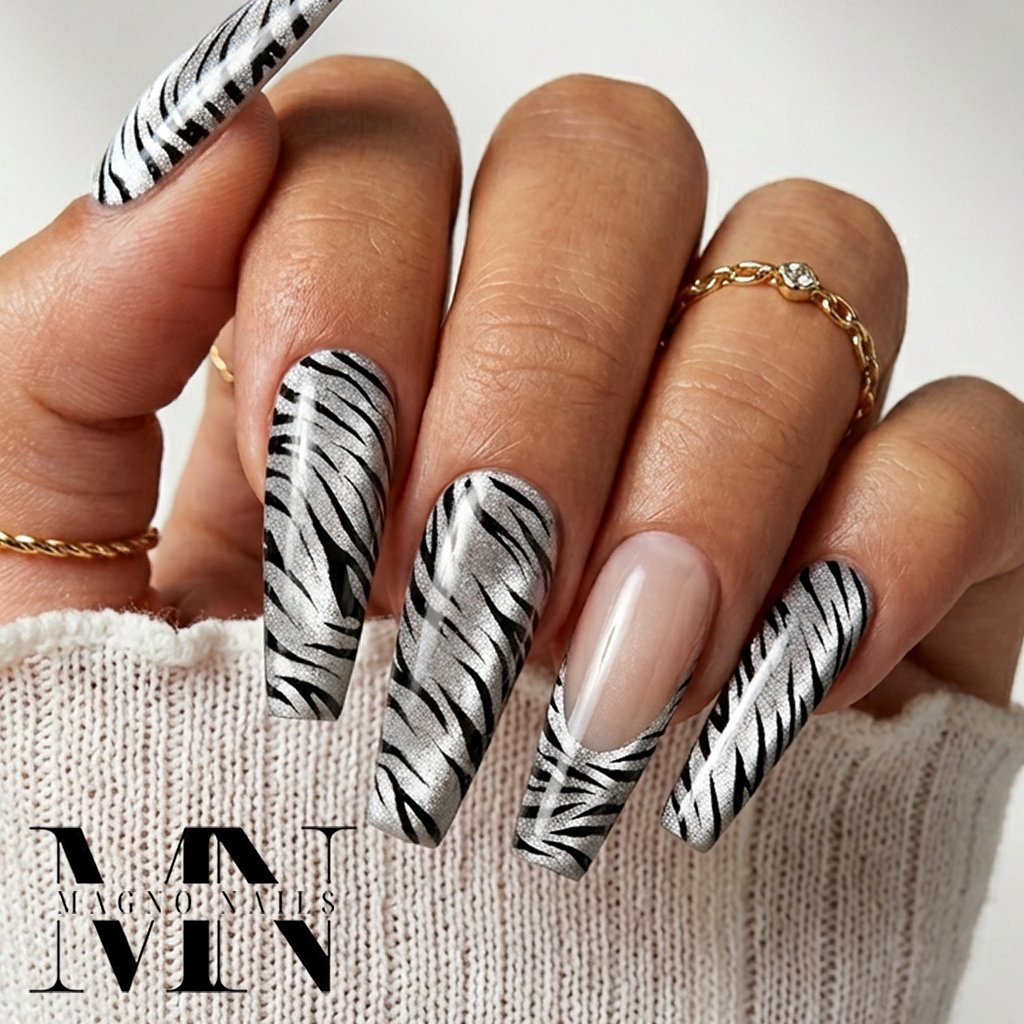 Tiger Cat Eye Nageldesign mit French - Silver Cateye