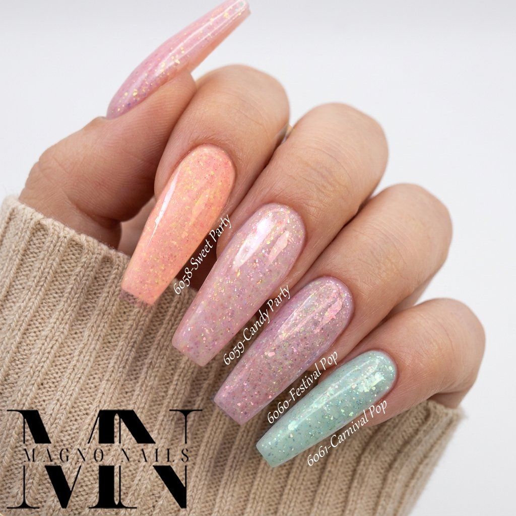 Frühlingsnägel - Pastel Glitter Gele mit kleinen Confetti Punkten