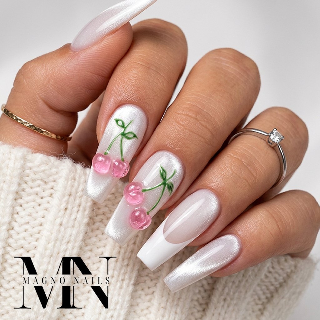 Nageldesign Ideen mit Cat Eye weiss - Crystal White