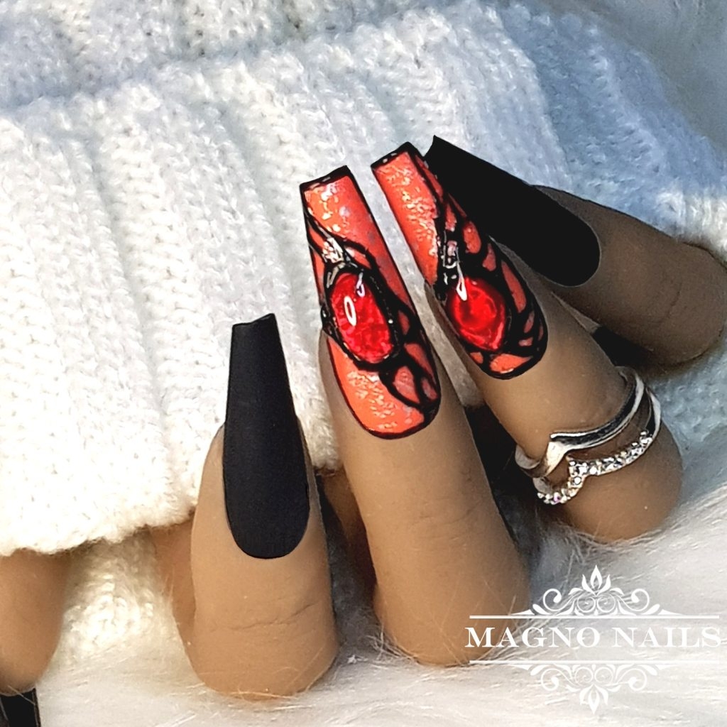 Orange Schwarz 3D Herbstnägel Autumn Nageldesign Ideen Nägelideen passende Muster Herbst