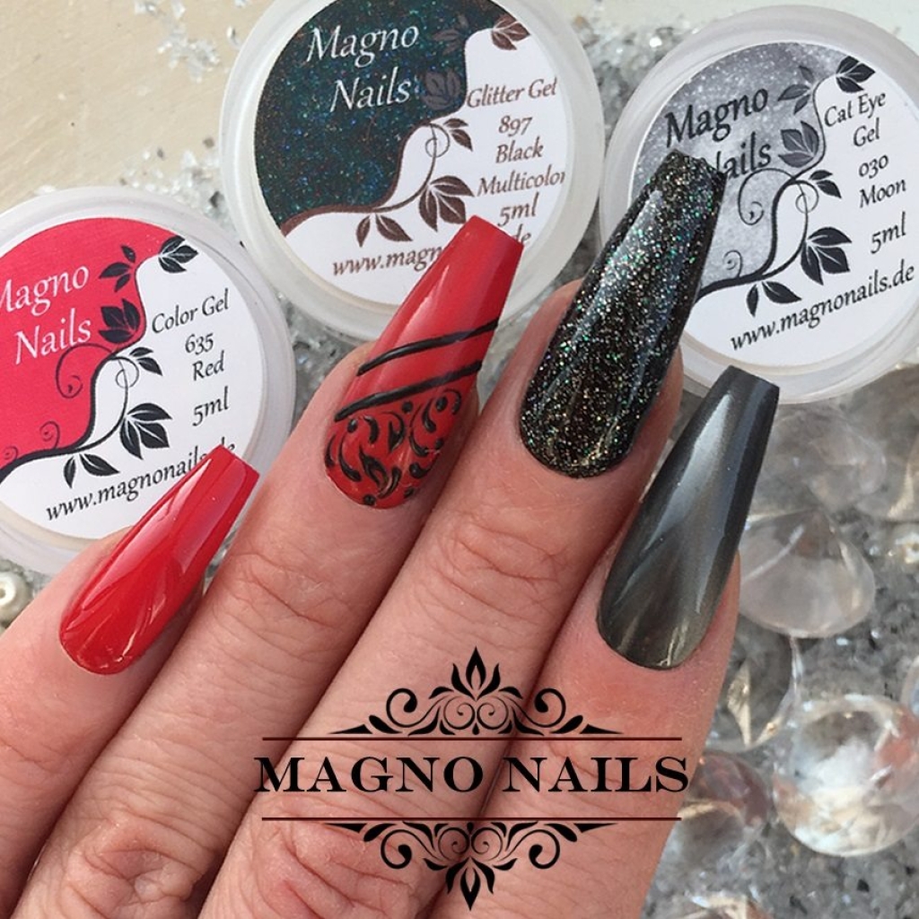 Nail Art Ideen - Herbst Nägel schwarz rote Nägel Cat Eye Schnörkel